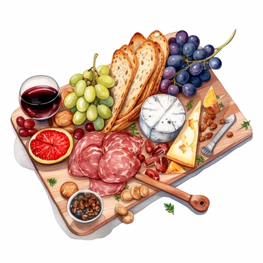 watercolor, hyper realistic, white background, white margins, 16k, ultra detailed clipart, cut out image, hand-drawn, whimsical a charcuterie board with sliced meats, cheese, grapes, and crackers arranged on a wooden board, with a glass of red wine in the background