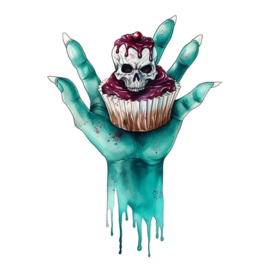 Hand drawn cupcake with a zombie arm reaching out of the center of cupcake as if the cupcake is a grave, shades of teal and burgundy, goth, glamorous, Halloween, very detailed and realistic, watercolor, white background with margins, clipart style
