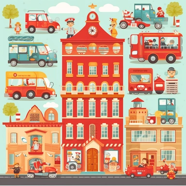 City, police station, hospital, fire department, ambulance, cars flat vector clipart, nursery decor, small child, cute, children room deco