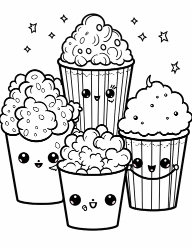 Kawaii popcorn boxes with happy expressions, filled with popcorn in different colors and flavors For Simple Coloring page,line art, thick lines, black and white,clipart, illustration, on white background,margin Page 10px