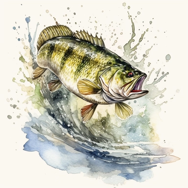 a Jumping Bass Fishing watercolor Clipart sublimation clipart graphic, full body, clipart, sticker, a single picture, cartoon style, highly detailed, 8k, one image in the frame--no text in the picture--