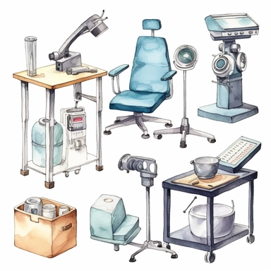 watercolor doctor related scenes  Medical Equipment Items for doctor's clinic, illustrations clipart set, simple, , cartoon elements ,different variants , nurse, doctor, stethtescope, mechanical body weighing scale, microscope, ,separate elements with a margin