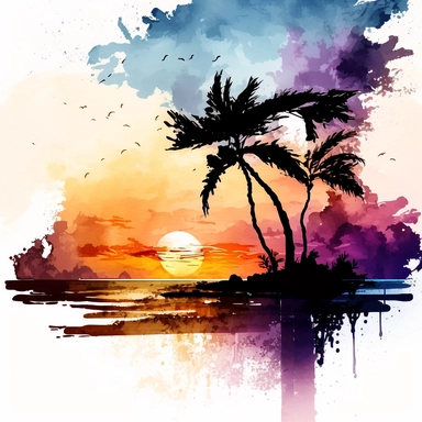 watercolored ,sunset , clipart , beach , sunset ,contrast darker colors beautiful view, white background
