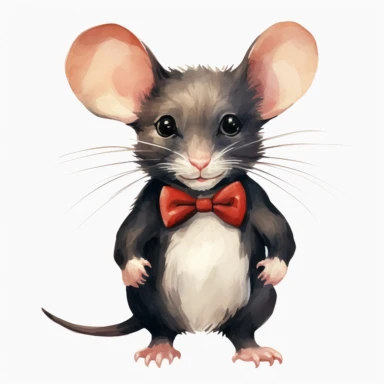 clipart vector image with plain white background of a watercolor painting of a black mouse standing. Distinguished. wearing a red bow tie. extremely detailed.