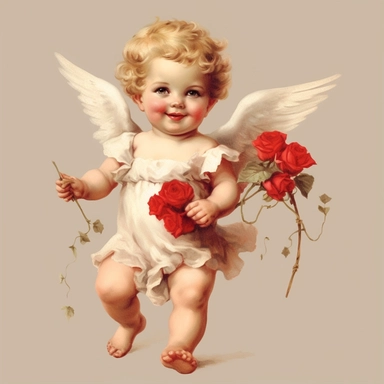 vintage adorable little cupid with red hearts, full body, clipart style, accurate details, oil painting technique, super high quality, professional clipart, high resolution