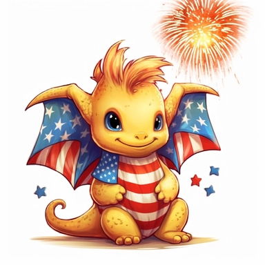 illustration of cute yellow baby dragon in red white and blue american flag colors, celebrating 4th of july with fireworks, clipart svg, white background