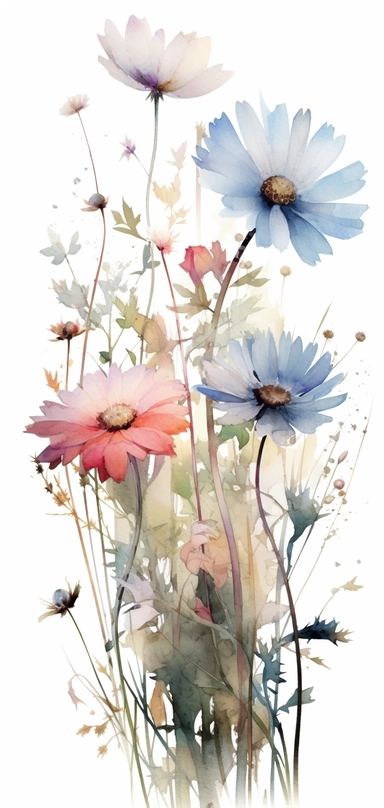Beautiful shot of a meadow, wildflowers,style of Weathering with You animation, pastel colors, light watercolor clipart, centered, isolated on white background