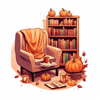 A fall setting with a cozy chair, pumpkin spice latte, books, candles and thematic assets. On white background, golden hour, pixel art , style by Lucy Fleming, watercolor, smooth gradients, black contour outline, ultra detailed, clipart elements, delicate pastel colors, solid white background, super clear, high quality