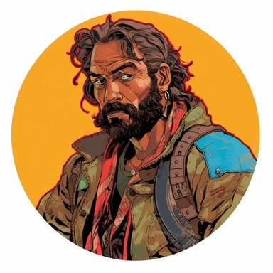 A circular tondo depicting a Dungeons & Dragons character lightly-armored African-heritage human weathered grungy hobo badass Arabian-style survivalist ranger warrior, Mike Allred Josh Kirby Mad Max Lord of the Rings, handpainted retrowave, clipart illustration, circle solid background