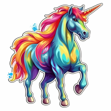 clip art sticker, cheerful unicorn, vibrant, on white background