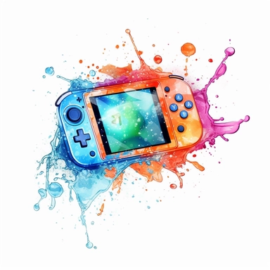Watercolor Handheld gaming console , splash art, rgb colors, isometric, clipart, white background