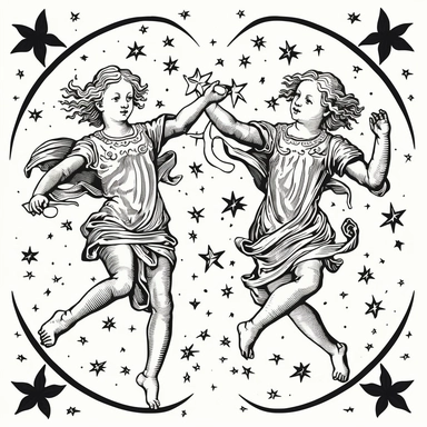 woodcut line drawing of the gemini zodiac twin cherubs full bodies, floating in the stars, nautical, vector, clipart, black on white background, Albrecht Dürer
