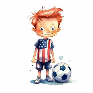 cute Watercolor cartoon happy team USA soccer player, clipart, white background
