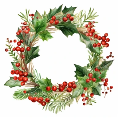 Clipart round border form, solid watercolor, realistic, detailed, isolated white background, Christmas wreath Holly twine and berries border form