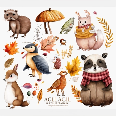 autumn animals, clipart, white background