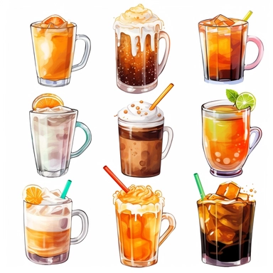 Milk, Soft Drink, Coconut Water, Coconut Milk Shake, Iced Chocolate, Hot Chocolate, Iced Cocoa, Macchiato, Squash, Caramel Latte, Caramel Macchiato, Bubble Milk Tea, Black Tea, white background, clipart, Object, vector collection, hd, watercolor