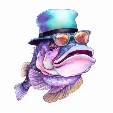 Funny Bass Fish wearing a hat wearing sunglasses style by Lucy Fleming, watercolor, smooth gradients, black contour outline, ultra detailed, clipart elements, delicate pastel colors, solid white background, super clear, high quality