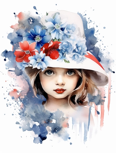 4th of July baby girl watercolor clipart, looking happy, holding red and blue flowers, white background