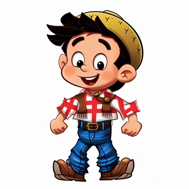 a cute little boy dressed for a brazilian junina party, with jeans, cowboy boots, long-sleeved plaid shirt, happy, Monica's gang style, Graphics Maurício de Sousa, on white background, big eyes, clipart, cartoon, inkley studio, smiling,