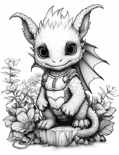 clipart of a cute baby dragon coloring page, flowers and butterflies, in the style of gothic realism, chinapunk, oshare kei, elaborate borders, furry art, tinycore