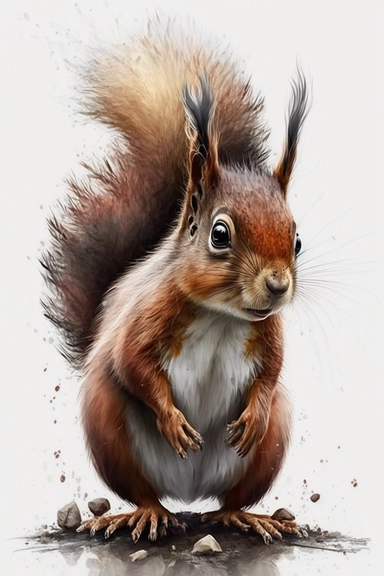 Woodland Animal Clipart Watercolor, cute, lovely, happy, funny, friendly full body furry brown grey red baby Squirrel, large emotive eyes, intense gaze, looking straight, large fluffy tail, white background, no plants, no grass, nursery clipart