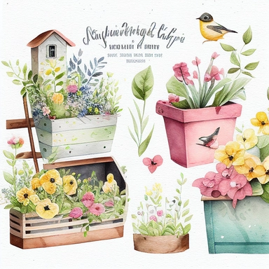 Watercolor Spring Planters Clipart - springtime cute planter boxes and garden ladders