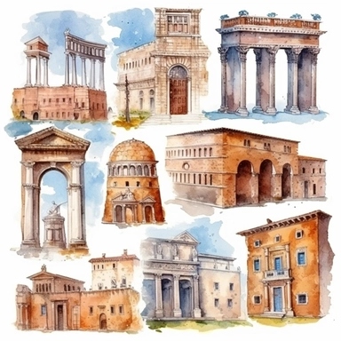 Watercolor ancient rome , illustrations clipart set, simple, amphiteatre and other architectural buildings , cartoon elements, different variants , separate elements with a margin