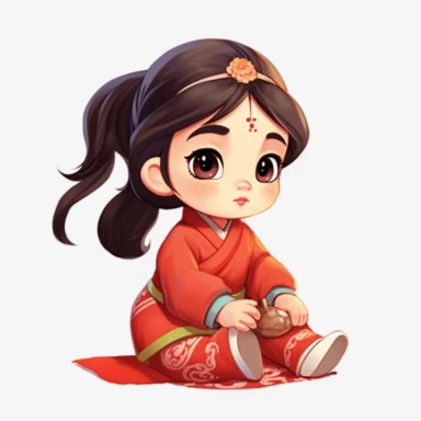 one-year-old princess mulan cartoon pixar vector round face delicate her long hair sharp and detailed her outfit like the original princess sitting on her hands the character should be well drawn with soft tones a very clear smile confident and a head lightly painted in watercolor the character is a one year old baby should be on a white background clipart