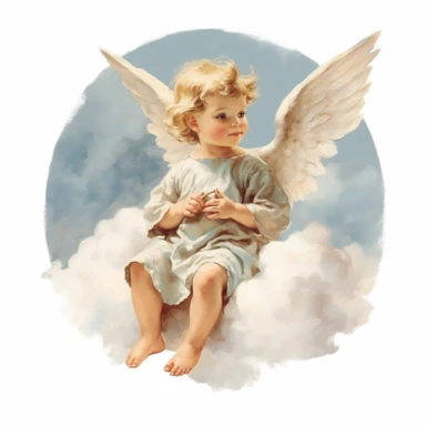 A painting of an angel sitting on a cloud.
