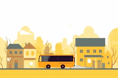 modern yellow bus in a village. front shot, minimalist style, infographic illustration style character, Kurzgesagt animation style, thick lines, infographic animation style. Very minimal detail. 2D drawing, clip art, trending on video hive, After Effects, colorful, flat shade. solid untextured white background