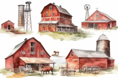 Watercolor barns clipart, farm style, red barn house, horse, tractor, windmill, wood gate illustrations, wedding invitation diy.