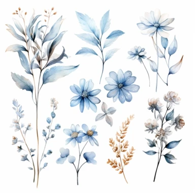 Light blue tone Watercolor Wild Floral clipart - Pre-made clipart