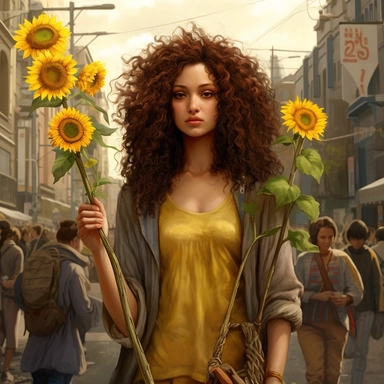 6 of wands tarot card, woman giving 6 sunflowers to unfortunate people, year 2035, beautiful curly hair, busy street , realstic , fantasy clip art
