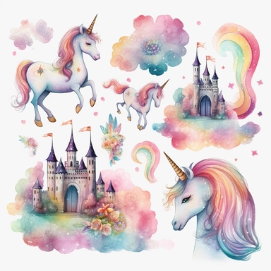 Super adorable cute magic rainbow unicorns, watercolor cliparts, light hue rainbow clouds, majestic castles, isolated with white back ground, single files, 8k, hd