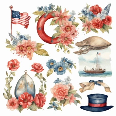 6 watercolor vintage memorial day clipart, isolated on white background,space out--ar3:2--s1000