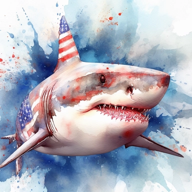 closeups shot, low angle, watercolor style, Great white shark, patriotic pattern, Stars and Stripes, red, white, blue, hyper-realistic animal illustrations, 2d game art, quadratura, clipart, on white background,
