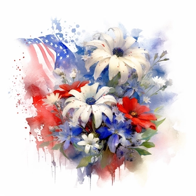 patriotic flowers clipart in the style of the american flag, in the style of willem haenraets, jane crowther, associated press photo, colorful explosions, detailed crosshatching, watercolor, lee bontecou