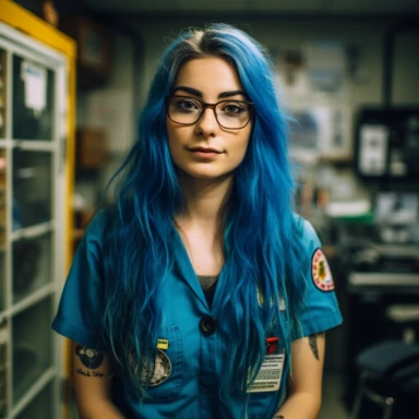 young mid twenty woman, long blue hair, black framed glasses, in a bright blue Medical Department workshirt, an ambulance patch on the side of the shirt, black Trousers, a Radio device clipped on the shoulders, smart, Fresh smile, 50mm, f1.8, Beatuy Retouche, beautiful, standing in Front of an American Hospital, sunset, happy, photorealistic, dark strong blue hair, full blue hair,