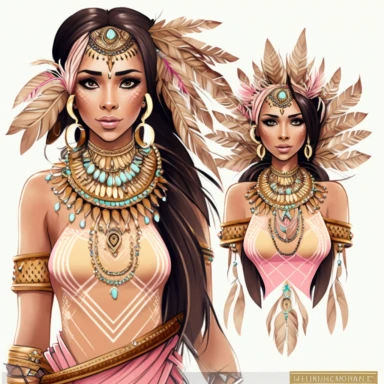 cartoon clipart beautiful american indian woman with tribal feather necklaces and bracelets ,features Alicia Mujica Art stile, whole body, GOLD AND PINK , LUXURY, GLAMOUROUS, INTRINCATE