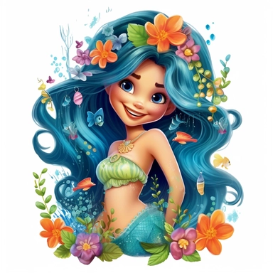 a beautiful smiling mermaid, highly detailed, long hair, beautiful flowers and butterflies, highly detailed tail, full body image, pixar style, clipart