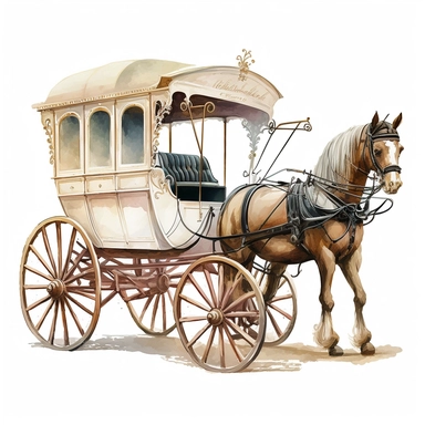 watercolor, very old victorian horse-drawn carriage, pastel beige color, good quality illustration, side view, clipart, white background