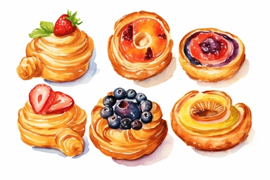 watercolor Danish pastry clipart, hd, white background, spaced out