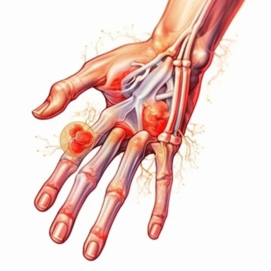 Acute monoarthritis refers to the sudden onset of joint inflammation affecting a single joint. It is characterized by the rapid development of pain, swelling, redness, and limited range of motion in the affected joint. clipart, storybook illustration