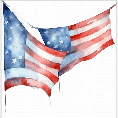 banner flags, in the style of fourth of july realistic and hyper-detailed watercolor painting, sketchfab, ahmed morsi, realistic watercolor paintings, use of common materials, handcrafted designs clipart red white and blue with white background