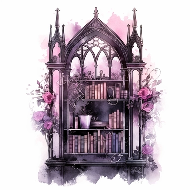 Gothic style bookcase with watercolor effect,suitable for digital clipart,white background,gothic pink scene,gothic colors,gothic tools,gothic roses,dark scene,twinkles
