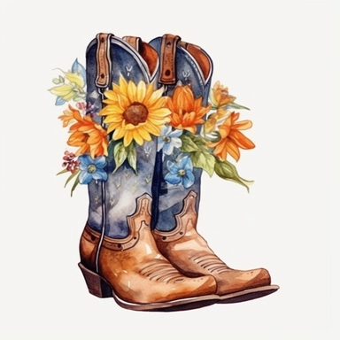 Western Floral Boot Watercolor Clipart, hand draw Illustration clipart, 4K, extremely detailed