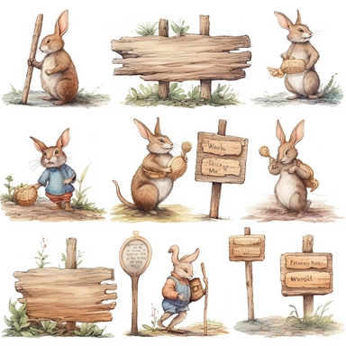 collection of rectangular wooden signs, white background, clipart by beatrix potter, illustration style
