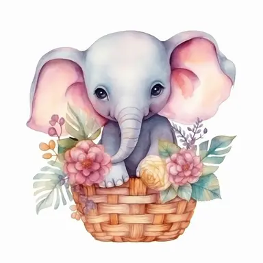 watercolor cute baby elephant character in a basket with flowers, big eyes, clipart, isolated object, white background, chinese watercolor painting, highly detailed