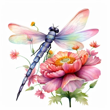 artwork in the style of cicely mary barker, clipart, whimsical watercolour illustration of a cute dragonfly and flowers, very colourful, watercolor clipart, book cover illustration, hyper HD, white background