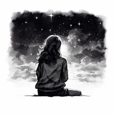black pencil illustration of a girl watching the night sky, clipart, white background.